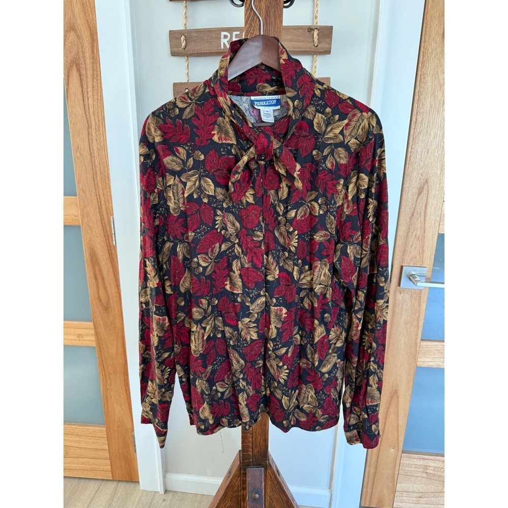 Vtg Y2K Pendleton Rayon Tie Neck Blouse Red Leaf Botanical Button Down 16 T EUC